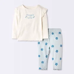 Baby Girls' 2pc Snuggle Time Floral Ruffle Long Sleeve T-Shirt and Leggings Set - Cloud Island™ Cream/Blue Newborn