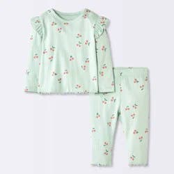 Baby Girls' 2pc Cherry Fruit Ruffle Long Sleeve T-Shirt and Leggings Set - Cloud Island™ Light Mint Green Newborn