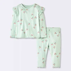 Baby Girls' 2pc Cherry Fruit Ruffle Long Sleeve T-Shirt and Leggings Set - Cloud Island™ Light Mint Green 12M