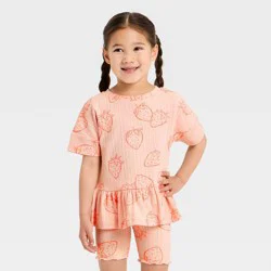 Toddler Girls' Strawberries Pointelle Peplum T-Shirt - Cat & Jack™ Pink 2T
