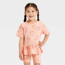 Toddler Girls' Strawberries Pointelle Peplum T-Shirt - Cat & Jack™ Pink 3T
