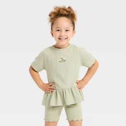 Toddler Girls' Flower Pointelle Peplum T-Shirt - Cat & Jack™ Light Olive 2T