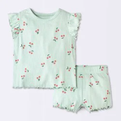 Baby Girls' 2pc Cherry Fruit Ruffle Sleeve T-Shirt and Bike Shorts Set - Cloud Island™ Light Mint Green 18M