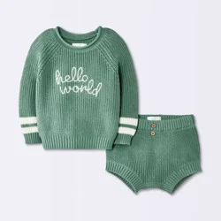 Baby Boys' 2pc Hello World Embroidered Sweater Shorts Set - Cloud Island™ Green 3-6M