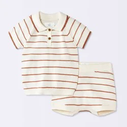 Baby Boys' 2pc Striped Crochet Sweater Polo Top and Shorts Set - Cloud Island™ Brown 6-9M
