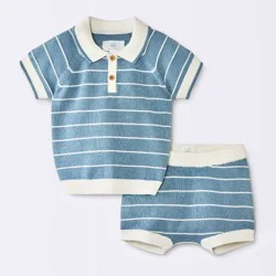 Baby Boys' 2pc Striped Crochet Sweater Polo Top and Shorts Set - Cloud Island™ Blue 18M