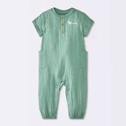 Baby Boys' Embroidered Ducks Graphic Textured Pocket Romper - Cloud Island™ Green Newborn