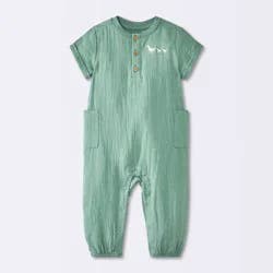 Baby Boys' Embroidered Ducks Graphic Textured Pocket Romper - Cloud Island™ Green 3-6M