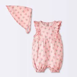 Baby Girls' 2pc Strawberry Fruit Scallop Tank Romper and Bonnet Set - Cloud Island™ Pink Newborn