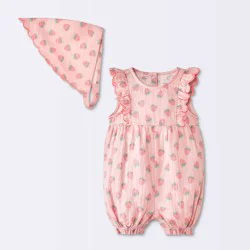 Baby Girls' 2pc Strawberry Fruit Scallop Tank Romper and Bonnet Set - Cloud Island™ Pink 12M