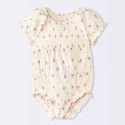 Baby Girls' Crinkle Knit Floral Bubble Sleeve Romper - Cloud Island™ Cream 6-9M