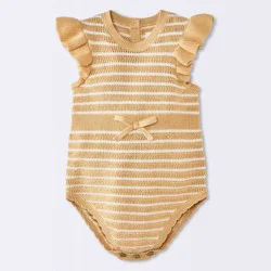 Baby Girls' Striped Ruffle Pointelle Sweater Tank Romper - Cloud Island™ Yellow 12M