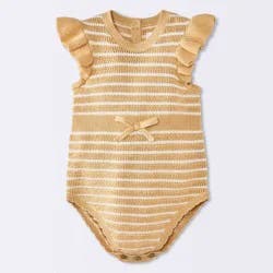 Baby Girls' Striped Ruffle Pointelle Sweater Tank Romper - Cloud Island™ Yellow 12M