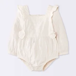 Baby Girls' Textured Long Sleeve Bow Romper - Cloud Island™ White 18M