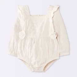 Baby Girls' Textured Long Sleeve Bow Romper - Cloud Island™ White 18M
