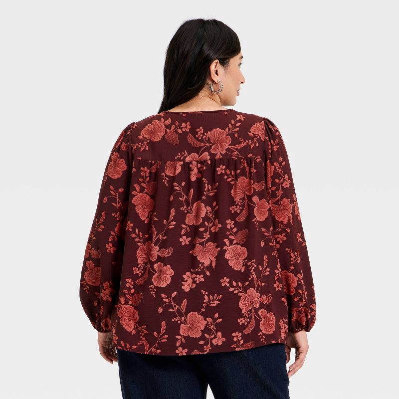 slide 2 of 3, Women's Bishop Long Sleeve Pleated Tie-Front Blouse - Ava & Viv™ Burgundy Floral 1X, 1 ct