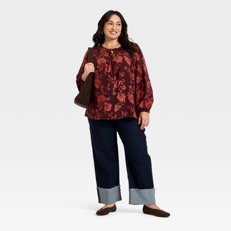 slide 3 of 3, Women's Bishop Long Sleeve Pleated Tie-Front Blouse - Ava & Viv™ Burgundy Floral 1X, 1 ct