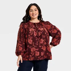 Women's Bishop Long Sleeve Pleated Tie-Front Blouse - Ava & Viv™ Burgundy Floral 1X