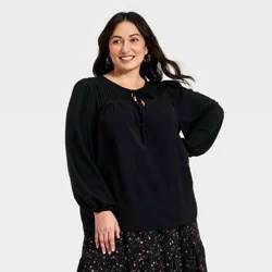Women's Bishop Long Sleeve Pleated Tie-Front Blouse - Ava & Viv™ Black XXL