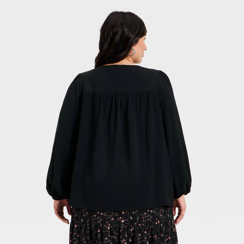 slide 3 of 3, Women's Bishop Long Sleeve Pleated Tie-Front Blouse - Ava & Viv™ Black 2X, 1 ct