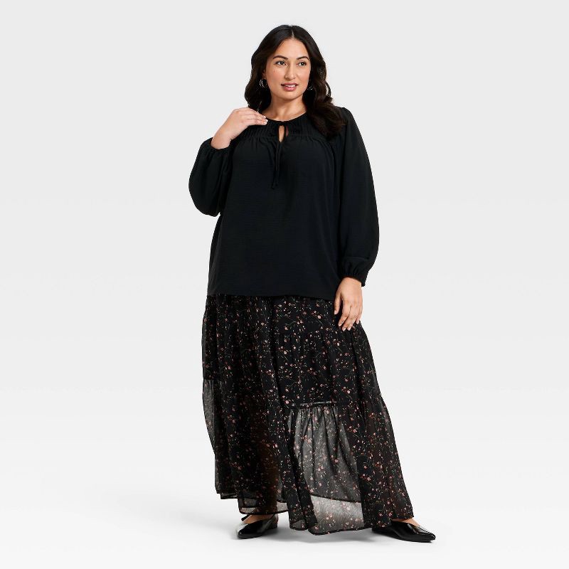 slide 2 of 3, Women's Bishop Long Sleeve Pleated Tie-Front Blouse - Ava & Viv™ Black 2X, 1 ct