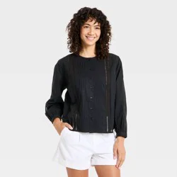Women's Balloon Sleeve Lace Trim Blouse - A New Day™ Black S