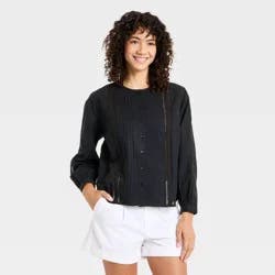 Women's Balloon Sleeve Lace Trim Blouse - A New Day™ Black M