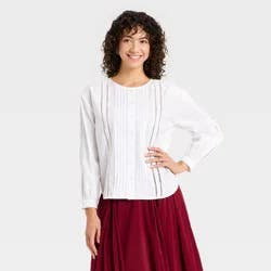 Women's Balloon Sleeve Lace Trim Blouse - A New Day™ White L