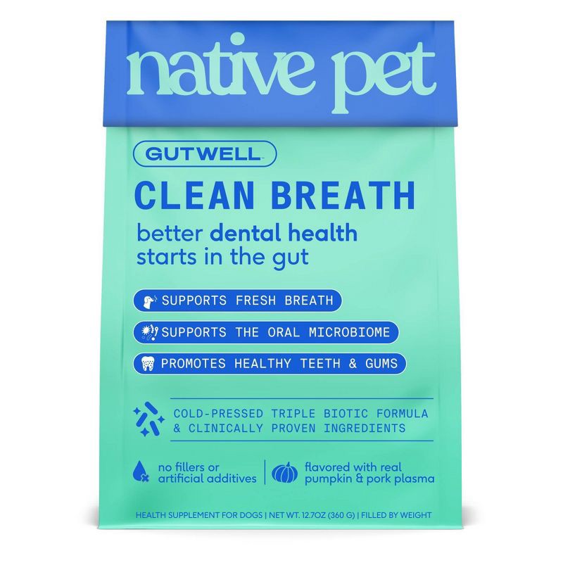 slide 1 of 9, Native Pet GutWell Clean Breath Pork Flavor Plaque Control & Dental Care Supplement with Probiotics for Dogs - 12.7oz, 12.7 oz
