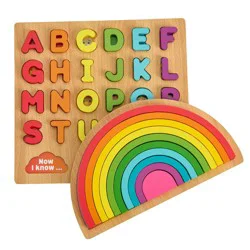 Chuckle & Roar Rainbow & ABC Wooden Puzzle Set (2-Pack) - Kids Learning Puzzles Ages 3+