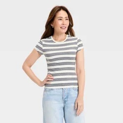 Women's Short Sleeve Ribbed T-Shirt - Universal Thread™ Cream Striped L