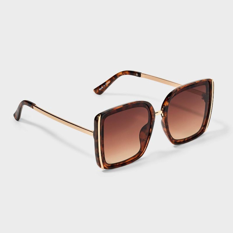 slide 2 of 2, Women's Shiny Plastic Oversized Square Shaped Sunglasses with Gold Metal - A New Day™ Tortoise, 1 ct
