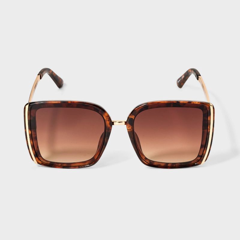 slide 1 of 2, Women's Shiny Plastic Oversized Square Shaped Sunglasses with Gold Metal - A New Day™ Tortoise, 1 ct