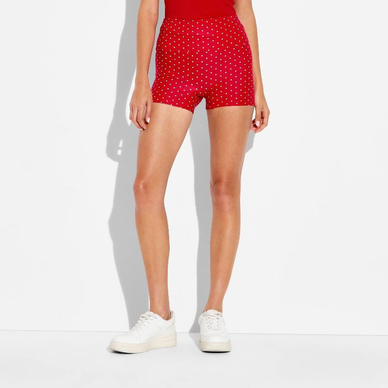 slide 2 of 3, Women's High-Rise ButterBliss Bike Shorts - Wild Fable™ Berry Red Polka Dots XXS, 1 ct