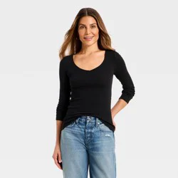 Women's Long Sleeve Ribbed V-Neck T-Shirt - Universal Thread™ Black XL