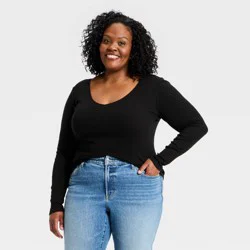Women's Long Sleeve Ribbed V-Neck T-Shirt - Universal Thread™ Black XXL