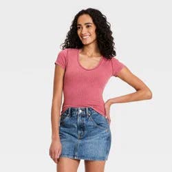 Women's Short Sleeve Rib V-Neck T-Shirt - Universal Thread™ Pink L