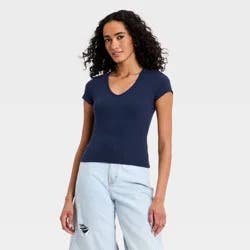 Women's Short Sleeve Rib V-Neck T-Shirt - Universal Thread™ Navy Blue L