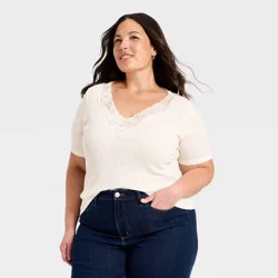 Women's Short Sleeve Lace V-Neck T-Shirt - Universal Thread™ Cream XXL