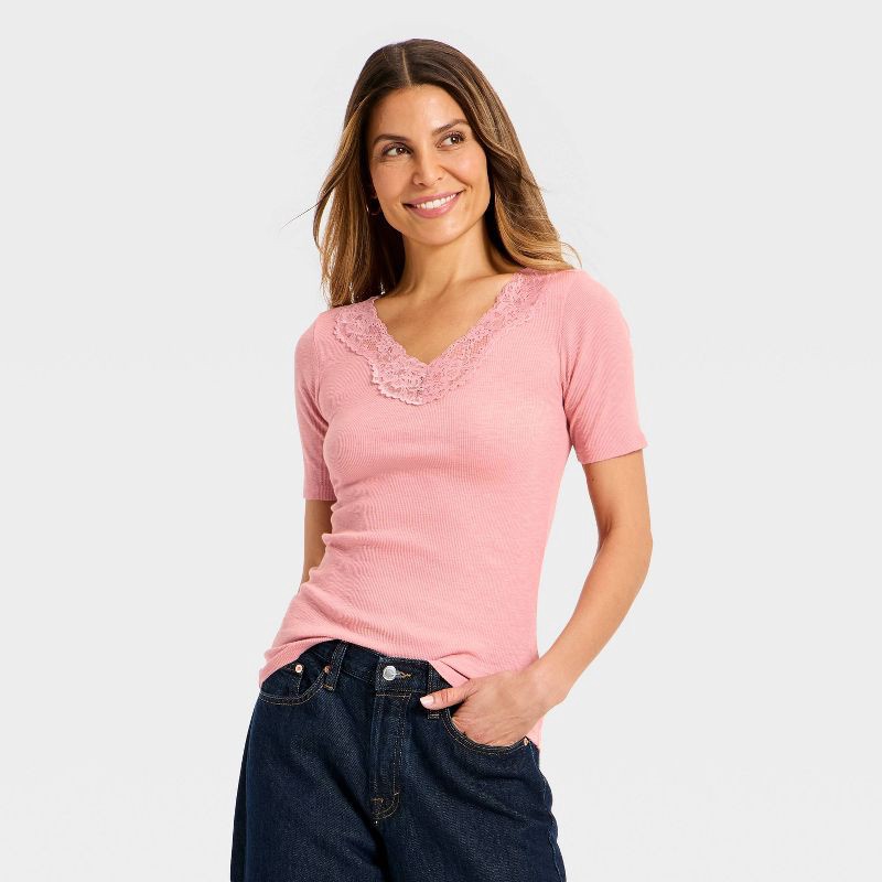 slide 1 of 3, Women's Short Sleeve Lace V-Neck T-Shirt - Universal Thread™ Pink L, 1 ct