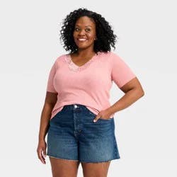Women's Short Sleeve Lace V-Neck T-Shirt - Universal Thread™ Pink XXL