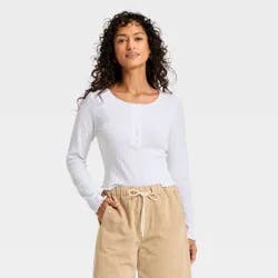 Women's Long Sleeve Pointelle Henley Shirt - Universal Thread™ White S
