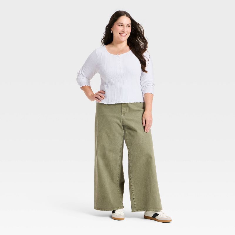 slide 3 of 3, Women's Long Sleeve Pointelle Henley Shirt - Universal Thread™ White XXL, 1 ct