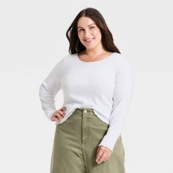 Women's Long Sleeve Pointelle Henley Shirt - Universal Thread™ White XXL