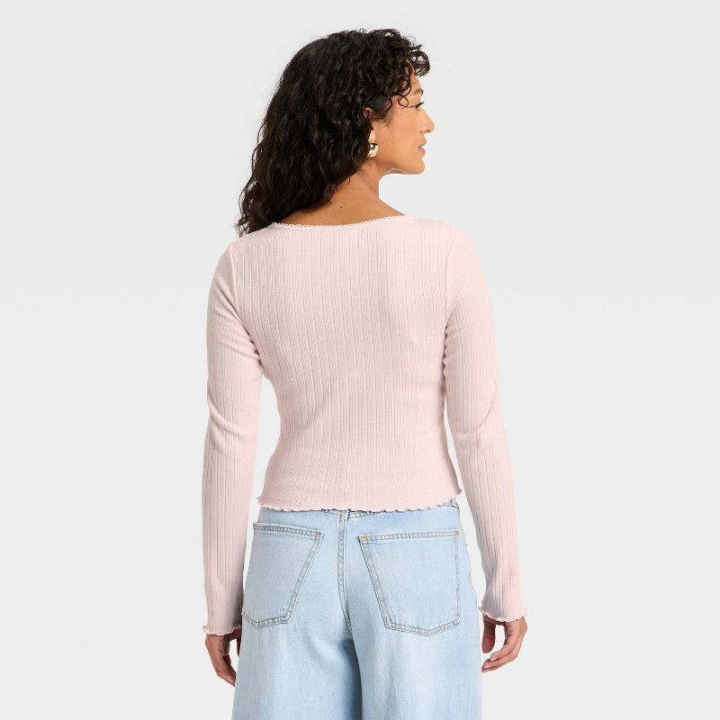 slide 2 of 3, Women's Long Sleeve Pointelle Henley Shirt - Universal Thread™ Pink M, 1 ct