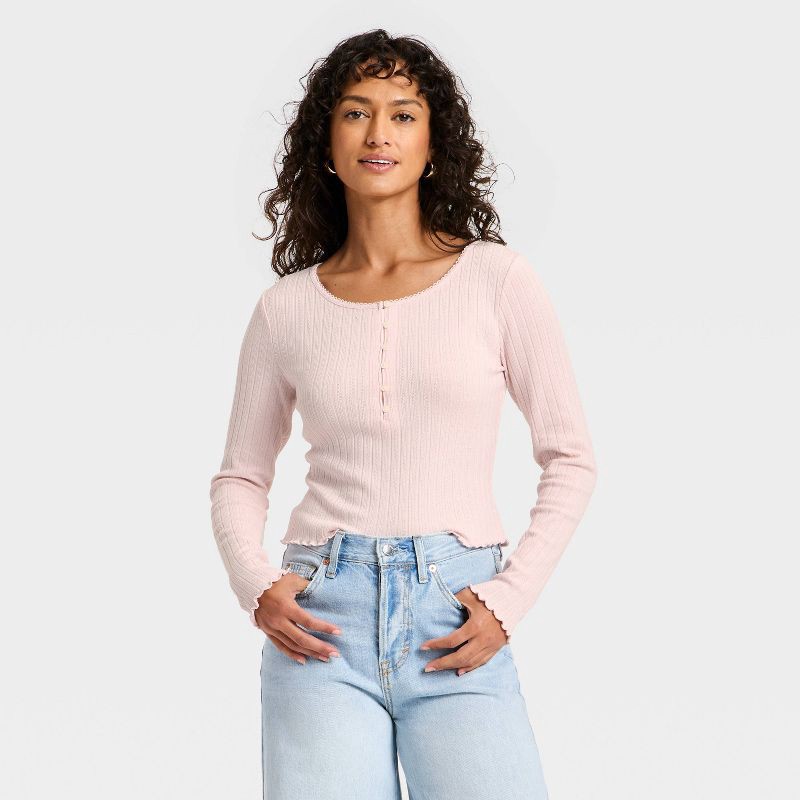 slide 1 of 3, Women's Long Sleeve Pointelle Henley Shirt - Universal Thread™ Pink L, 1 ct