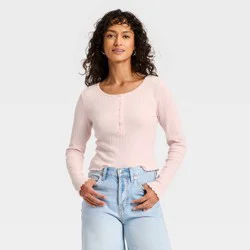 Women's Long Sleeve Pointelle Henley Shirt - Universal Thread™ Pink L