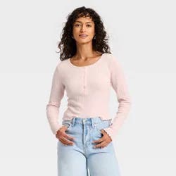 Women's Long Sleeve Pointelle Henley Shirt - Universal Thread™ Pink L