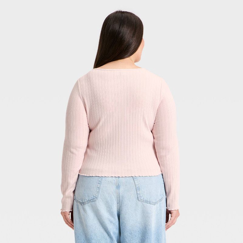 slide 2 of 3, Women's Long Sleeve Pointelle Henley Shirt - Universal Thread™ Pink XXL, 1 ct