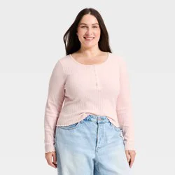 Women's Long Sleeve Pointelle Henley Shirt - Universal Thread™ Pink XXL